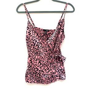 Y2K Womens Satin Animal Print Babydoll Top Sz XS Pink Leopard Indie Sleaze Club